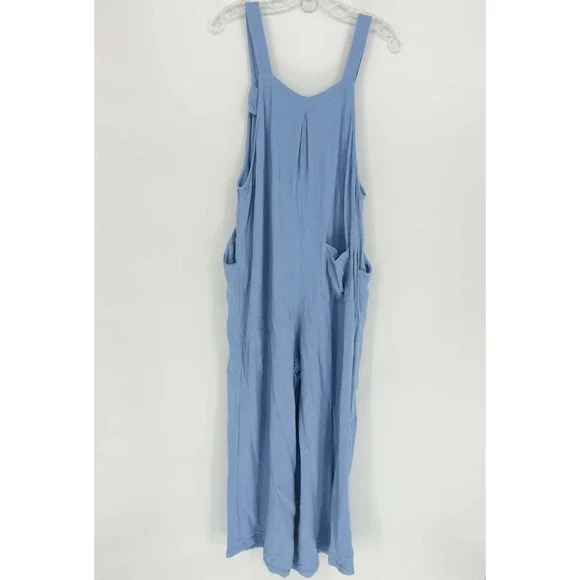 PRETTYGARDEN Women's Blue Cotton Linen Wide Leg Overall Jumpsuit Size L - Picture 5 of 8